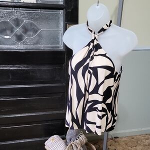 Sanctuary Black and Cream Halter Blouse KeyholeFront Adjustable Tie Woman Size S